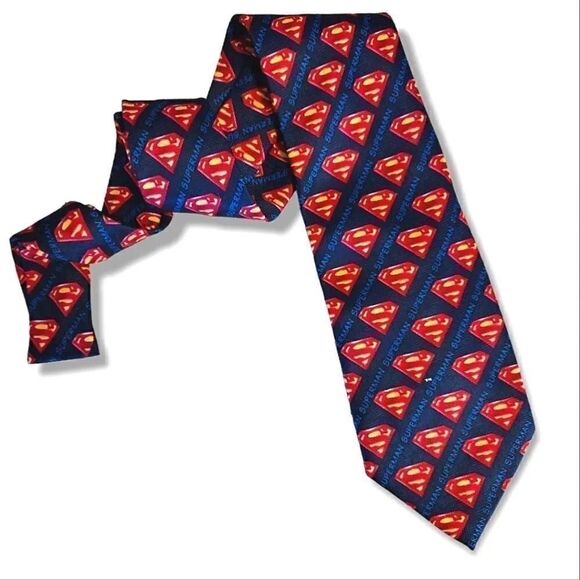 2 VTG DC Comics Superman Logos Black Blue Satin Neck Ties Bundle - Picture 3 of 16